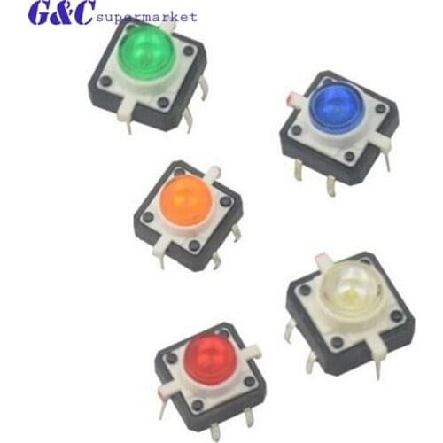 5PCS 12*12mm Tactile Push Button Switch Momentary Tact 12X12mm With LED Lights 12x12 mm Power Switch 5 color