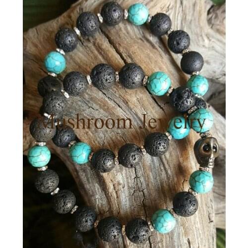 Boho Turquoise Bead Black Lava Rock Bead Skull Charm Stretch Bracelet