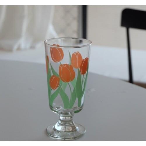 Goblet Water Cup Tulip Daisy Vintage Juice Coffee Cup Footed Glasses Short Wine Cup Gold Edge Drinking Glassware