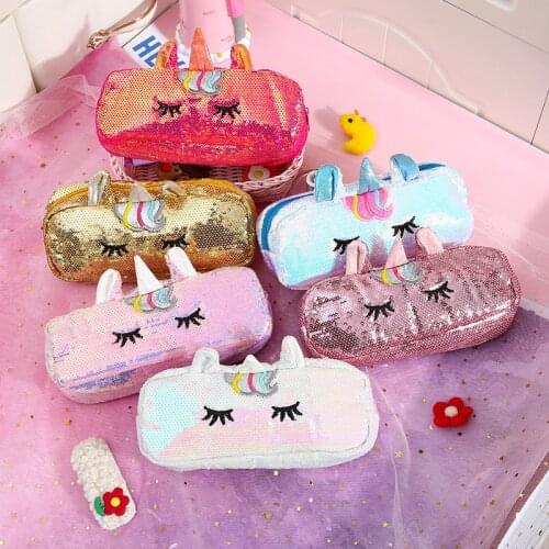 Cute Unicorn Pen Box for Girls School Pencil Case Kawaii Sequin Pencilcase Big Cartridge Large Storage Bag Stationery Kit Korean