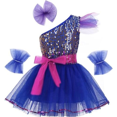Kids Girls Jazz Dancewear Dance Costume Outfit One-Shoulder Sparkly Sequins Mesh Dress with Hairclip Wristband Belt Set Outfit