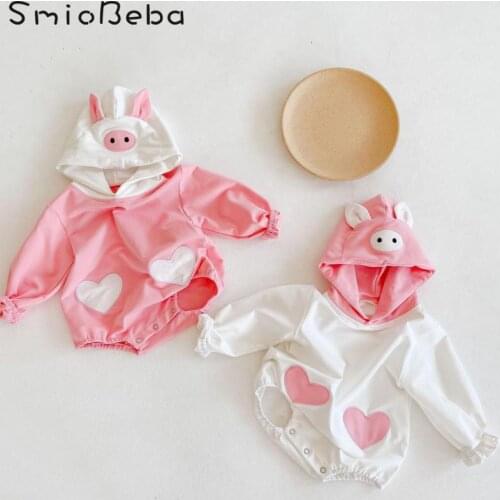 Baby Girl Pink Pig Bodysuit Children Cartoon Pig Embroidered Sweater Long Sleeve Hooded Romper Creeper Love Mardi Gras Outfit