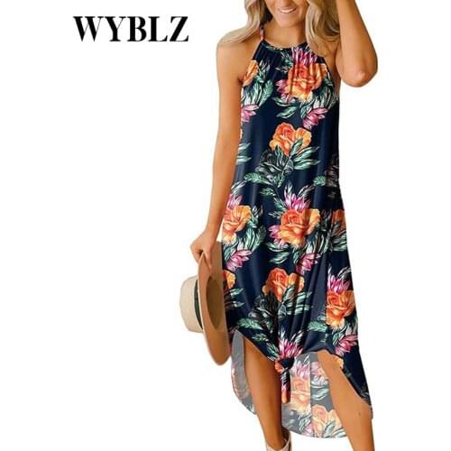 Elegant Summer Beach Dress Women Print Flowers Lady Halter Neck Boho Vintage Party Asymmetric Long Dresses Loose Casual Fashion