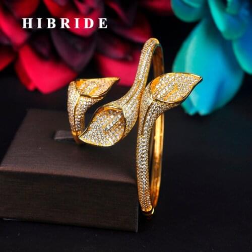 HIBRIDE Luxury Flower Design Micro CZ Pave Cuff Bangles&Bracelets Baguette Gold-Color Women Bangle Gifts Bijoux Jewelry B-123