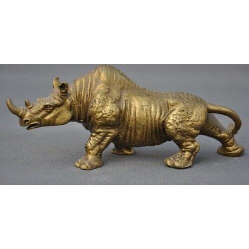 6" China brass Feng Shui Wild Rhino Rhinoceros Bull Ox Animal Statue Sculpture