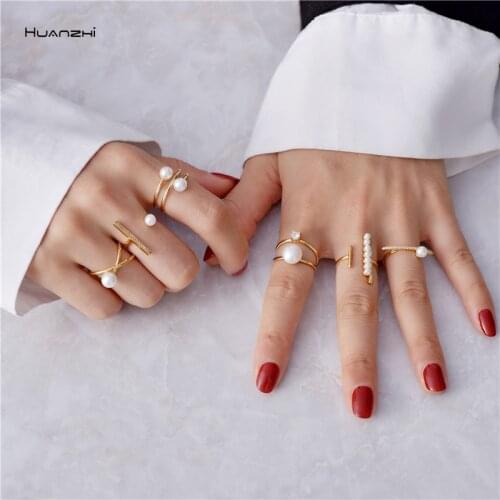 HUANZHI 2020 New Simple Vintage Elegant Imitation Pearls Zircon Cross Opening Adjustable Ring For Women Girls Party Jewelry Gift