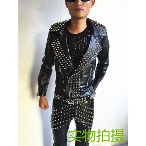Hot Punk rock band DJ mens singer costume non mainstream Chic Full Rivet Leather Men singer costumes jacket Guitar Show