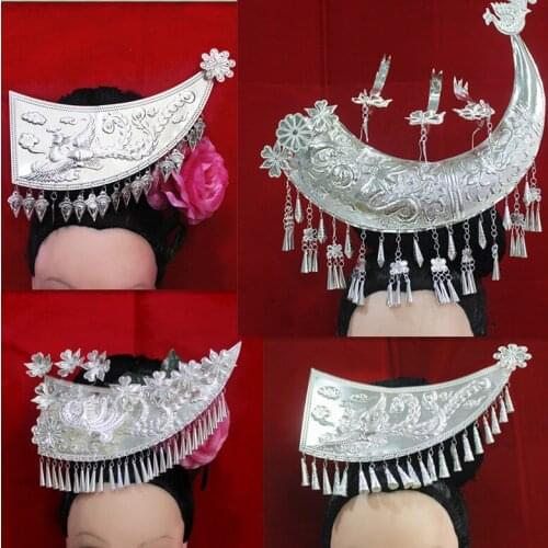 Miao Silver Hair Accessories Tassel Headdress Minority Horn Style Hairpin Dancer Headwear Festival