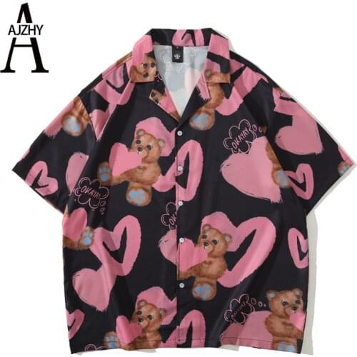 2021 Mens Oversize Hawaiian Shirts Bear Printed Turn-Down Collar Polo Shirt Unisex Hip Hop Streetwear Holiday Male Tropical Tops