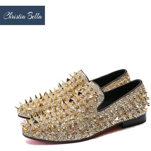 Christia Bella Handmade Men Rivets Shoes Fashion Party Prom Men Loafers Brand Designer Plus Size Leather Casual Stage Wear Shoes