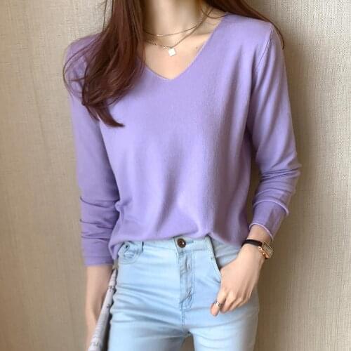 2021 New Fashion Womens V-neck Sweater Long-sleeved Short Knitted Sweater Fall Spring Autumn Thin Casual Bottoming Shirt Top