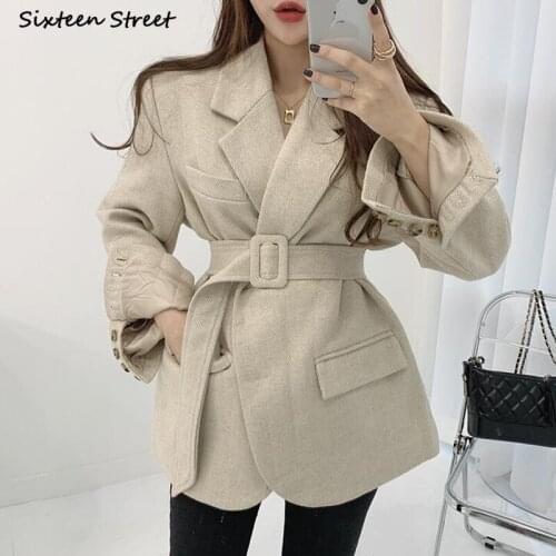 Chic Woolen Coat for Woman Winter 2021 Apricot Herringbone Vintage Elegant Belt Blends Jacket Business Korean Autumn Clothes