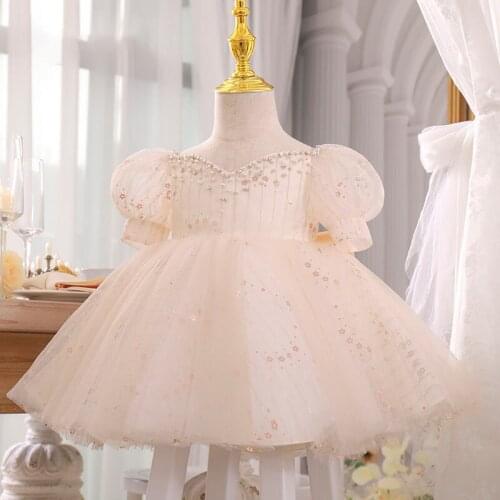 Champagne Infant Girl Dresses Girl Ball Gown Tutu Princess Dress Beads Lace Baby Girl Evening Wedding 1st Birthday Party Clothes