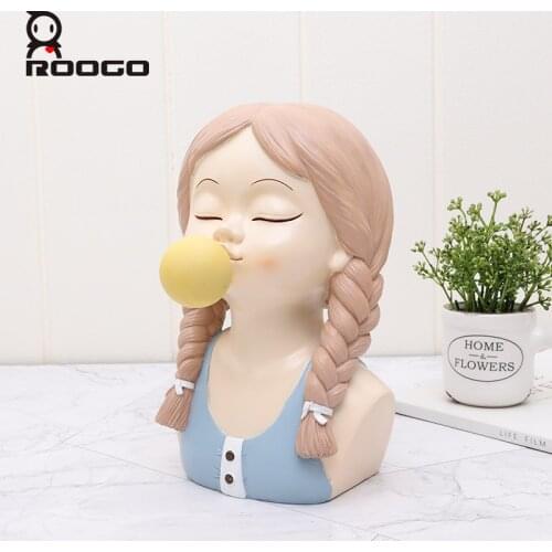 Roogo Sunshine Girl Head Ornaments For Home Living Room Decor Cute Home Decoration Accessories Resin Sate Figurines Decor