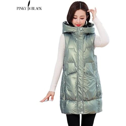 PinkyIsBlack Solid Hooded Long Vest Women Winter Waistcoat Fashion Shiny Coat Women Elegant Glossy Winter Vest Jacket Female
