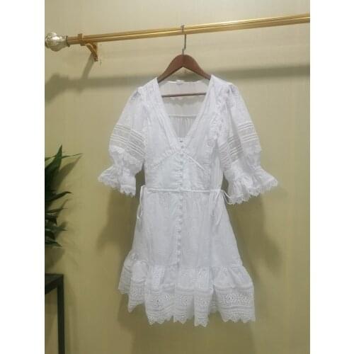 2021 Summer Ruffle Dress for Women White Lace Hollow Out V-Neck Puff Sleeve Slim Waist Mini Dress Female Sweet Short Robe