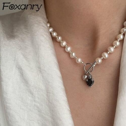 FOXANRY 925 Sterling Silver Pearls Necklace for Women New Fashion Charming Creative OT Buckle Design Black Zircon Bride Jewelry
