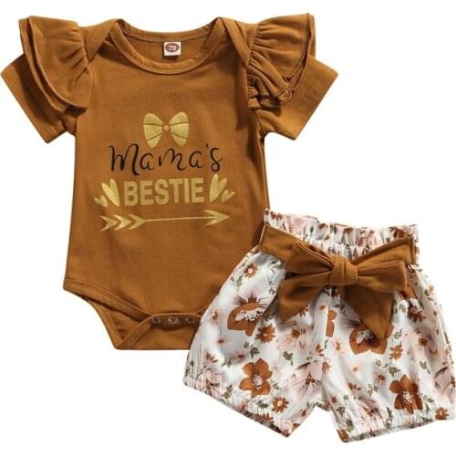 3Pcs Baby Summer Outfits Girls Letters Short Sleeves Romper + Floral Shorts + Waist Belt for Toddler 0-24 Months
