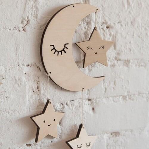 Baby Room Decor INS Style Wooden Moon Stars Clouds Toy For Newborn Wall Hanging Ornaments Crib Bed Bell Room Photography Prop