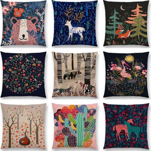 Hot Sale Animals Forest Spring Floral Garden Pattern Bear Fox Unicorn Bear Birds Flower Leaf Fantasy Cushion Sofa Throw Pillow