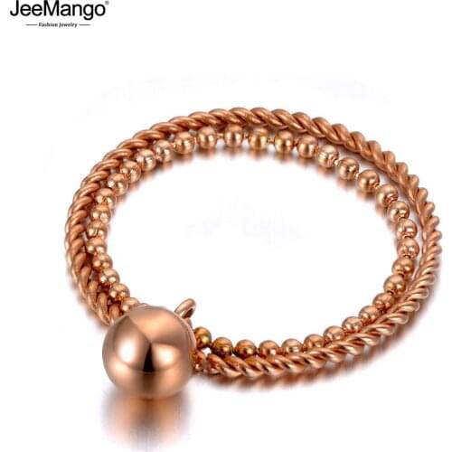 JeeMango New Stainless Steel Round Ball Rings For Women Girls Bohemia Style Rose Gold Double Circle Charm Ring Jewelry JR19128