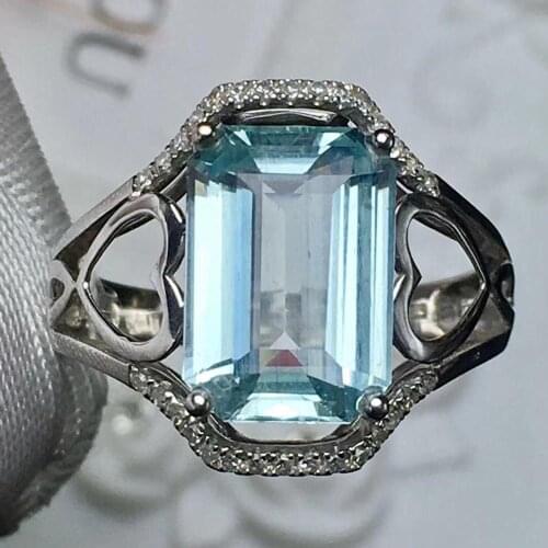 Aquamarine Ring Fine Jewelry Pure 18 K Gold Natural Aquamarine Gemstones 3.8ct Diamonds Female Anniversary Gift Fine Rings