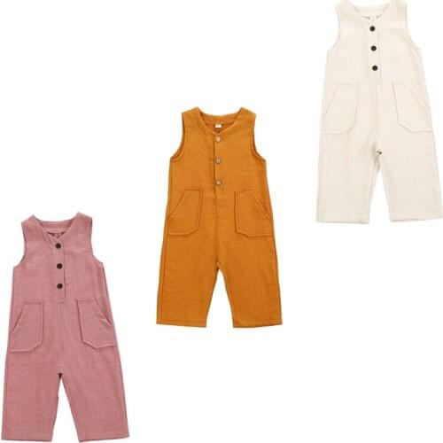 Lioraitiin 0-3Years Newborn Infant Baby Girl Fashion Romper Sleeveless Solid Cotton Jumpsuit With Pocket 3Colors