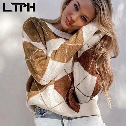LTPH American argyle sweaters women vintage O-Neck long sleeve top loose casual pullovers lazy style jumpers 2021 autumn new