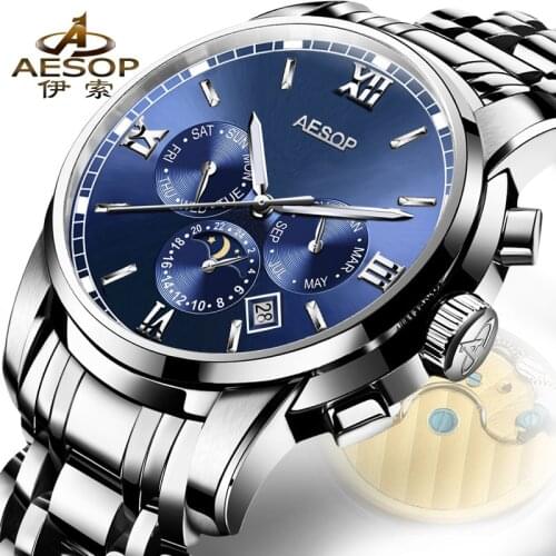 Aesop Mens Automatic Mechanical Watch Waterproof Stainless Steel Scratchproof Automatic High Quality Wristwatch Reloj Hombre