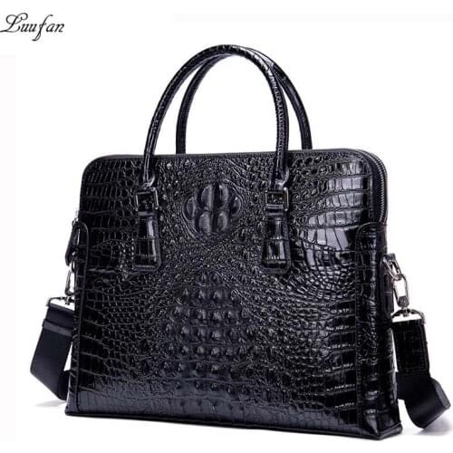 Luufan New Brand Mens Briefcase Crocodile Pattern Genuine Leather 14 inch Laptop Business Handbag Cowhide Male Office Bag Black