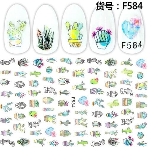 New 1 Sheet Cute Cactus Flower Basket Cartoon English Alphabet Pattern Adhesive Nail Art Stickers Decorations DIY 120*75mm