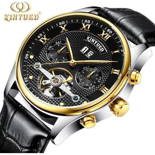 KINYUED brand new watch Swiss fully automatic hollowed Tourbillon mechanical watch waterproof mens Leather Watch