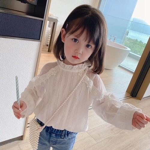 Autumn Girls Lace O Neck White Blouse Spring Princess Clothes Shoulder Hollow Dot Cute Baby Long Sleeve Top Little Lady Blouse