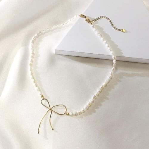 100% Nature Freshwater Pearl Necklace with Stainless Steel Bow Choker Necklace for Women Mom Wife Gift