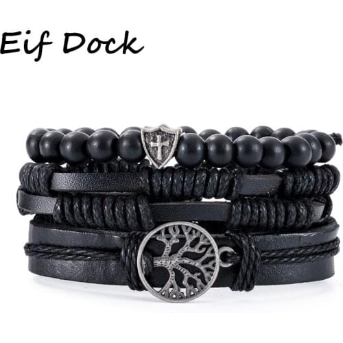 Eif Dock 4Pcs/ Set Braided Wrap Leather Bracelets for Men Vintage Life Tree Metal Charm Wood Beads Ethnic Tribal Wristbands