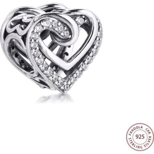 Fits Original Pandora Bracelet 925 Sterling Silver Sparkling Entwined Hearts Charms Clear CZ Beads DIY Jewelry Making Berloque