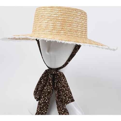 New Women Natural Wheat Straw Hat Ribbon Tie Brim Boater Hat Derby Beach Sun Hat Cap Lady Summer Wide Brim Protect Hats