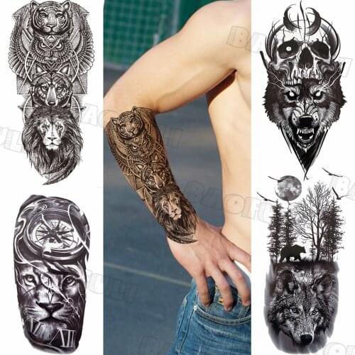 Black Tribal Tiger Owl Tiger Lion Temporary Tattoos For Women Adult Geometry Skull Tree Fake Tattoo Sticker 3d Fashion Tatoos