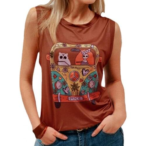 Women T-shirt Round Neck Skin-friendly Polyester Women Sleeveless Print T-shirt Large Size Loose Tops Women T-shirt Summer 2021