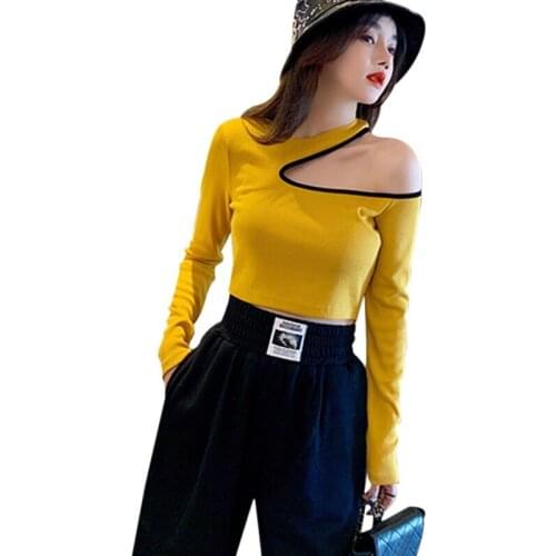 Korean Color Tight T-shirt Fashion Hollow Long Sleeve Women Sexy Off Shoulder Crops Casual Female Bottoming Tee Shirt