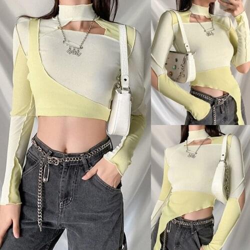 Womens Slim Fit Half High Neck Fashion Stitching Irregular Navel Bare T-Shirt Yellow