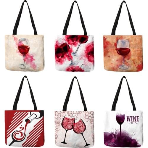 Red Wine Cup Art Painting Tote Bags Women Lady Reusable Shopping Bags Customize Linen bag With Print Logo Wholse