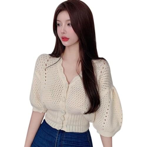 Womens V-neck Hollow Out Button Tshirt Short Section Exposed Navel Knitted Short Sleeved Tee Shirt