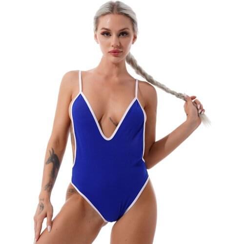 Womens Sexy Swimsuit Beachwear Deep V Neck Straps Open Back Hollow Out Side Leotard Jumpsuit Bodysuit Wetlook Bikini Swimwear