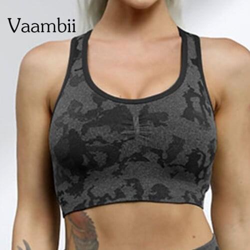 Women Camouflage Fitness Bra Without Bones Workout Black Seamless Yoga Bra Open Back Gym Top With Cups Wide Straps Bralette Top