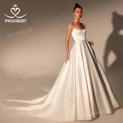 Vintage Satin Wedding Dress 2021 Square Collar Sleeveless A-Line Train Bridal Gown Princess SwanSarah W100 Vestido De Novia