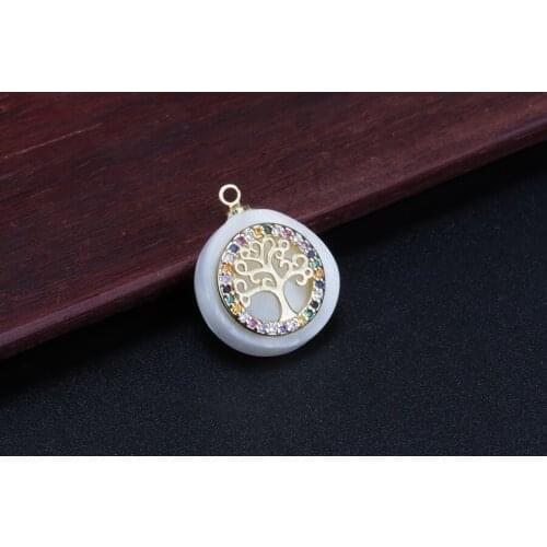 Rainbow cz glass paved tree of life tag charm white water drop shell pendant & choker necklace for women