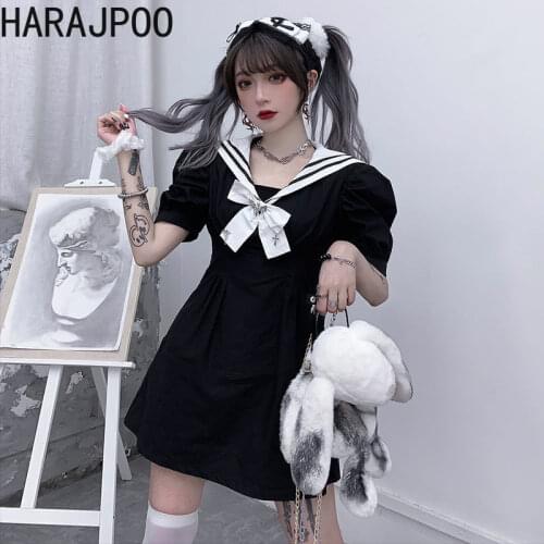 Harajpoo Women Dress Summer 2021 New Korean Version Ins Style Bow Thin Black Short-sleeved Fashion Female Short Sailor Suit