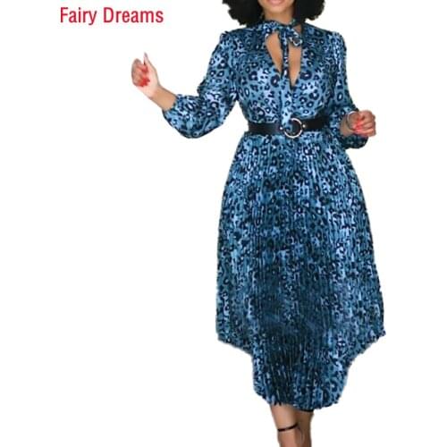 Leopard Printed Long-Sleeve V-neck Pleated Long Skirt African European and American Plus Size Formal Elegant Womens Dress Robe