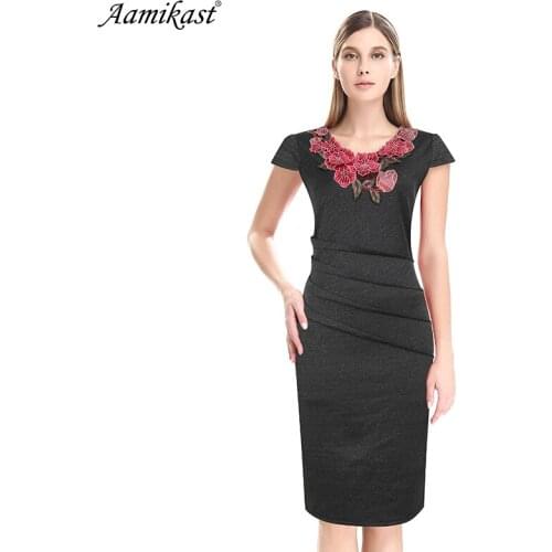 AAMIKAST Womens Elegant Vintage Embroidery Ruched Slim Tunic Casual Party Evening Special Occasion Sheath Pencil Bodycon Dress